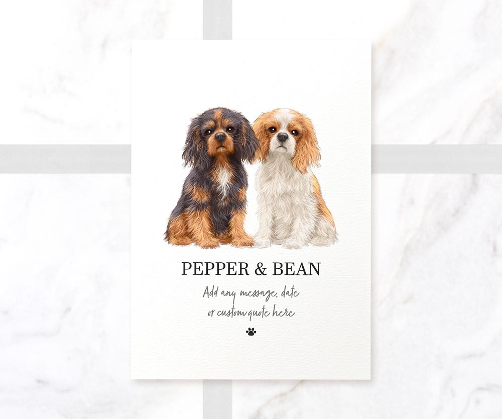 Custom cavalier king charles spaniel dog wall art on A4 textured paper with personalised pet names and message
