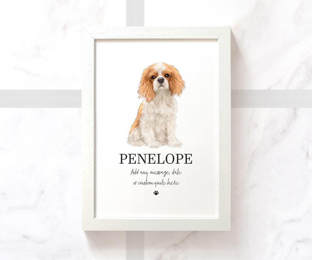 cavalier king charles spaniel dog illustrated print in A4 frame with personalised pet name and message