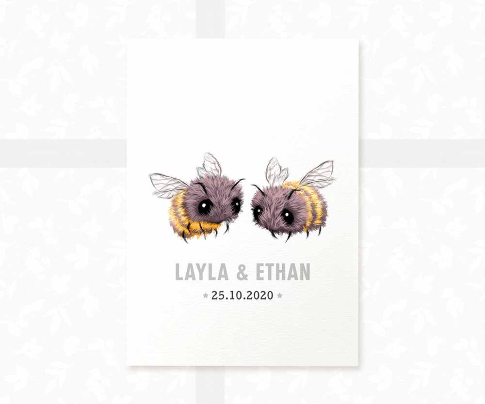 Bumble Bee Personalised Baby Name Print for Twins