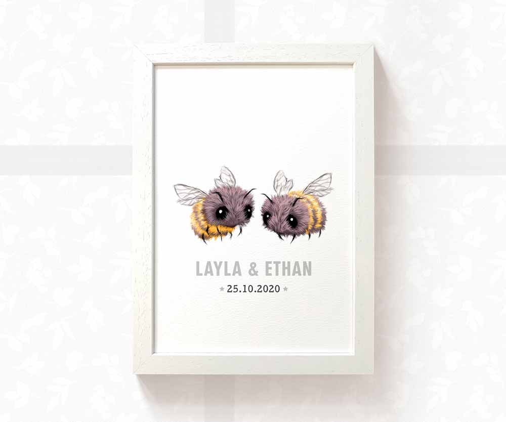 Bumble Bee Personalised Baby Name Print for Twins
