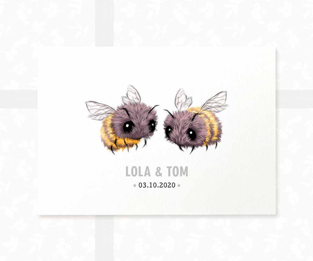 Bumble Bee Personalised Baby Name Print for Twins