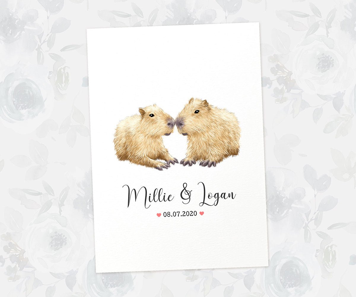 A4 capybara couple illustration with names and date for the pervect cavy themed anniversary gift