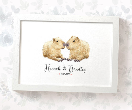 Framed capybara couple print with names and anniversary date for a unique wedding gift