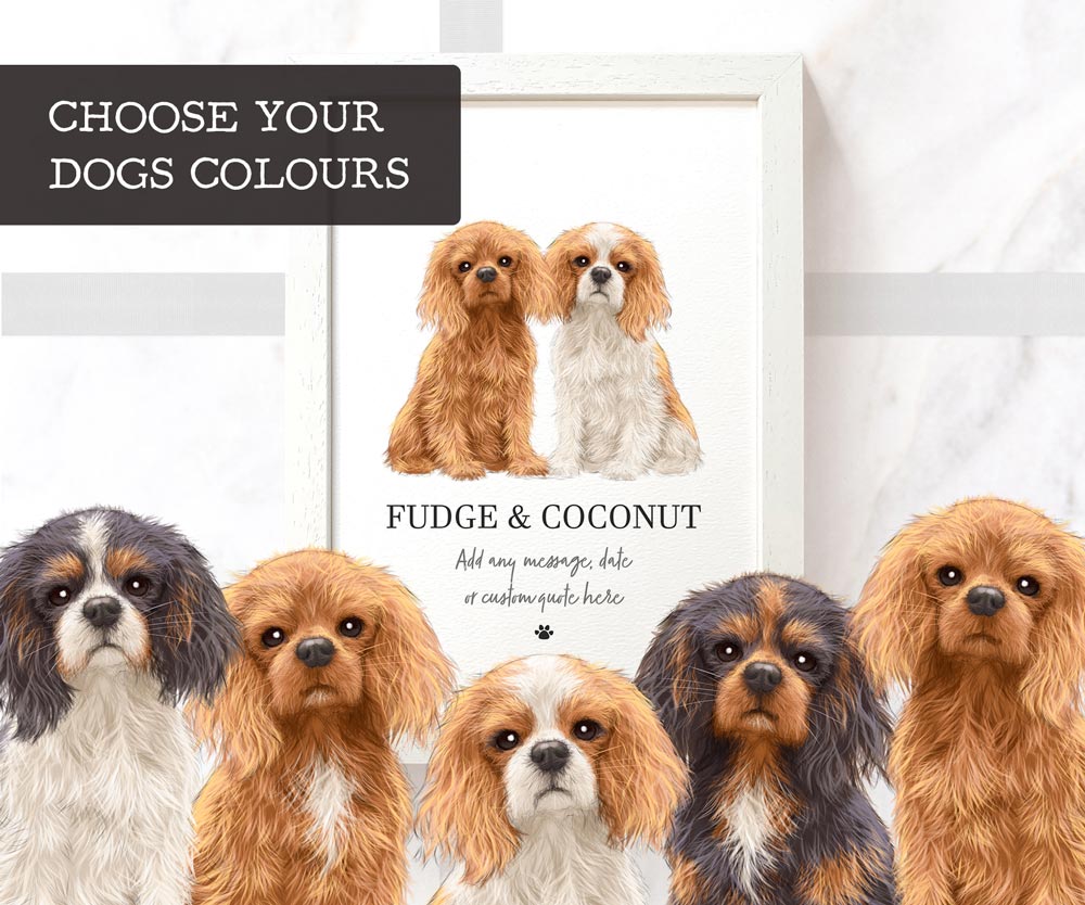 Two cavalier king charles spaniel dogs wall art print in A3 frame with personalised pet names Fudge and Coconut