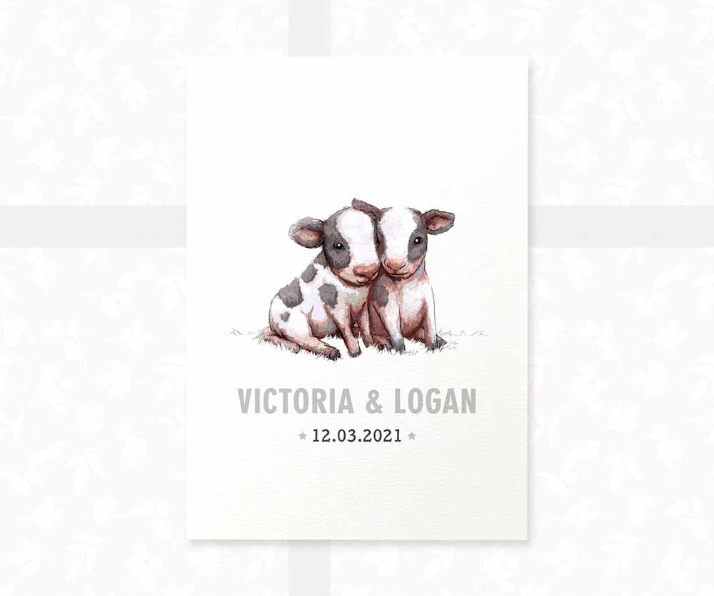 Cow Personalised Baby Name Print for Twins