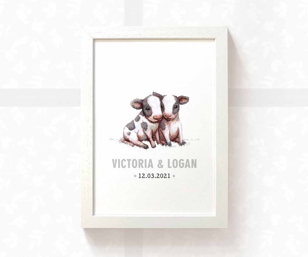Cow Personalised Baby Name Print for Twins