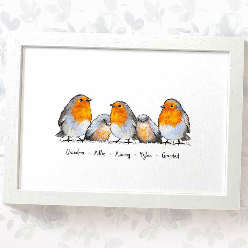Personalised family portrait of five illustrated robins with names beneath displayed in a white A4 frame