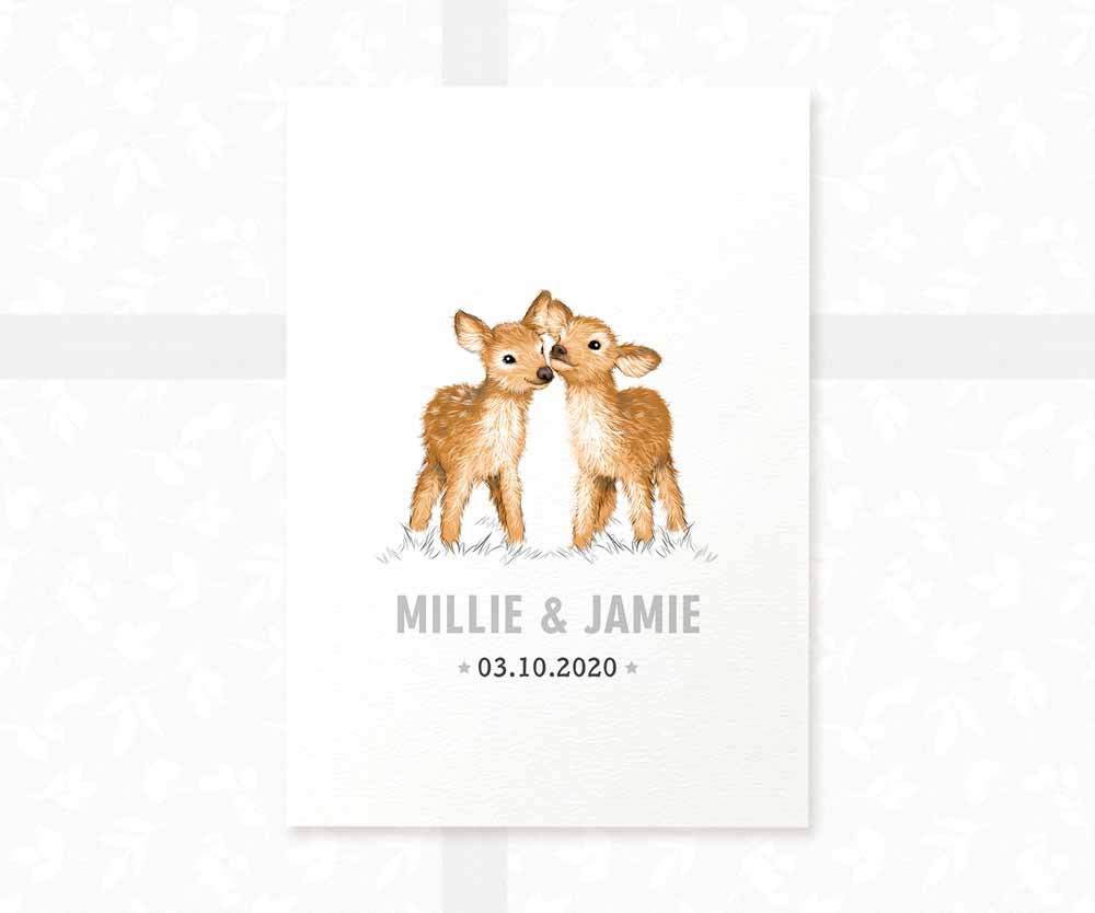 Deer Personalised Baby Name Print for Twins