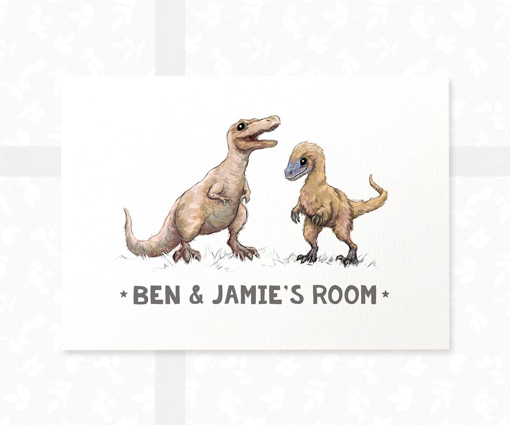 T-Rex Velociraptor Bedroom Sign Dinosaur Print
