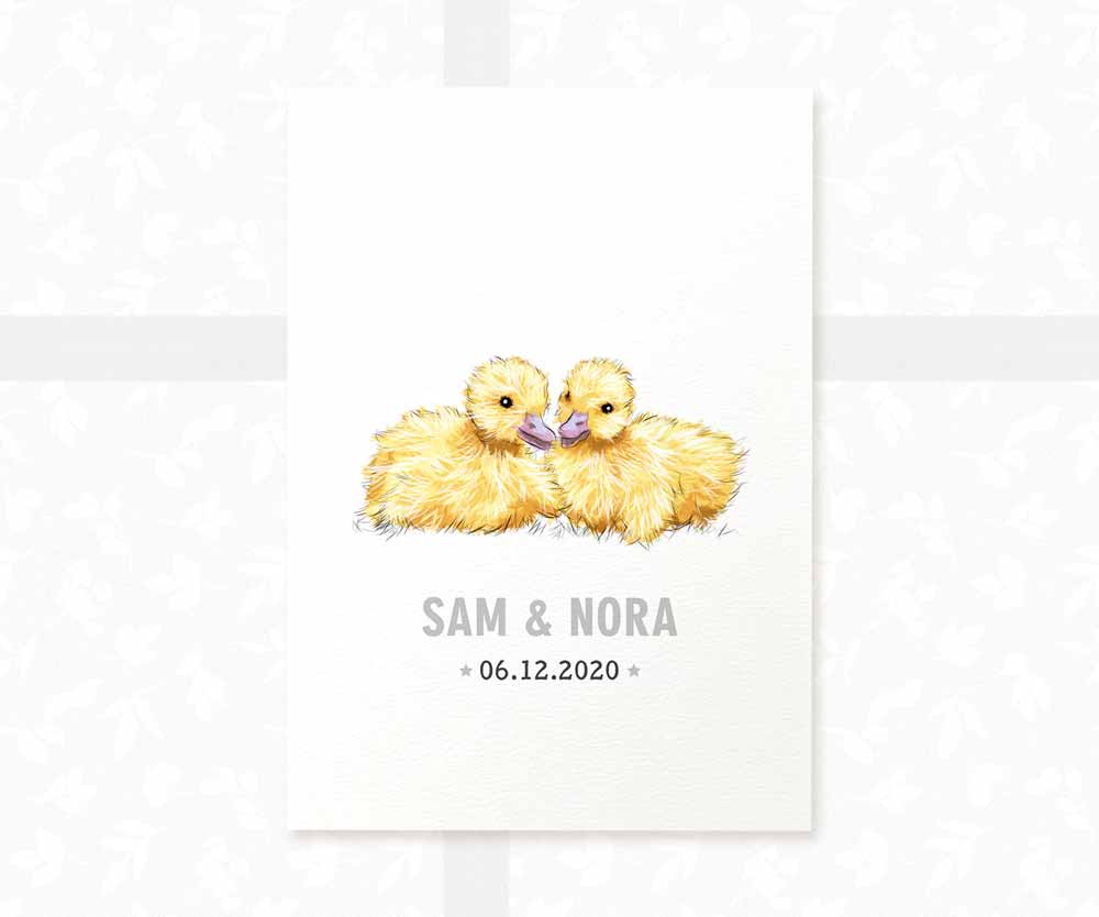 Duckling Personalised Baby Name Print for Twins