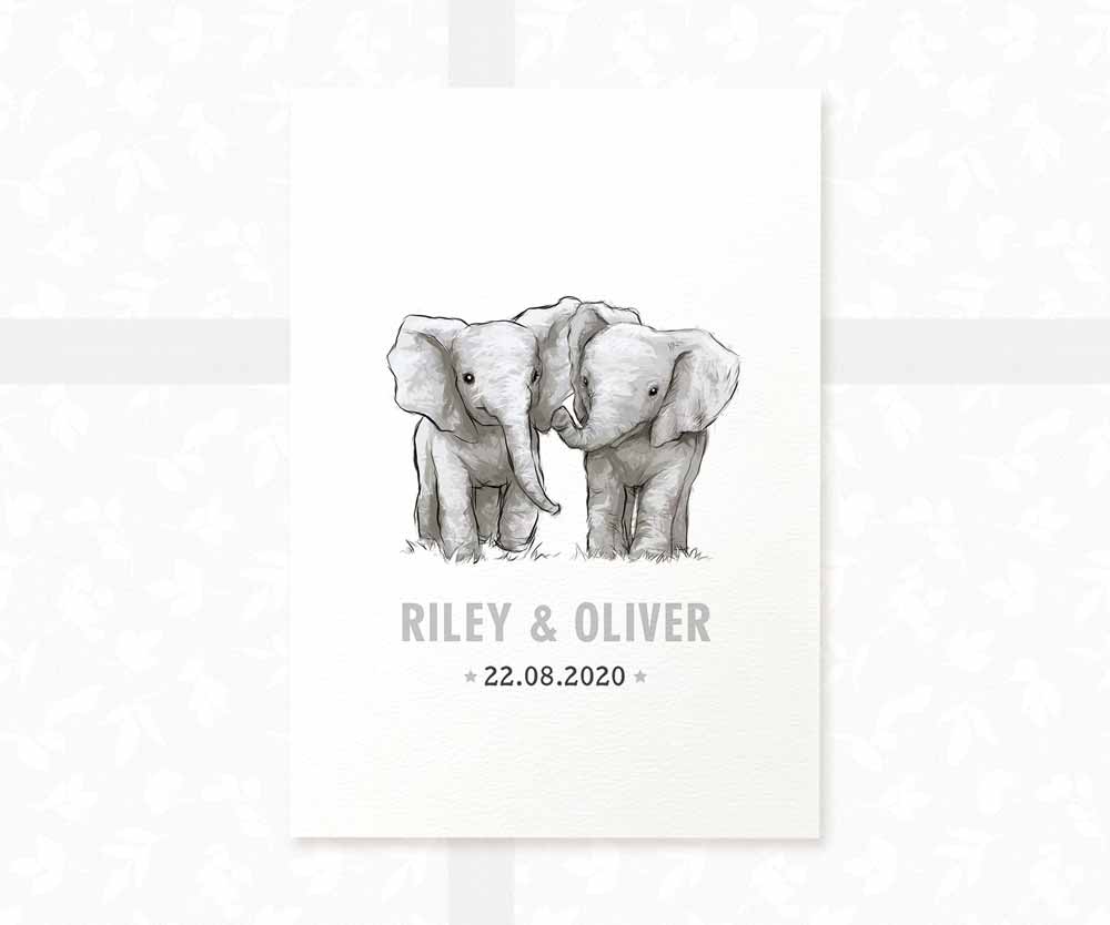 Elephant Personalised Baby Name Print for Twins
