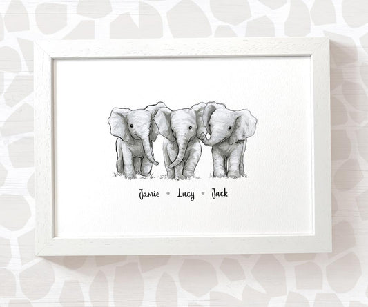 Elephant Personalised Baby Name Print for Triplets