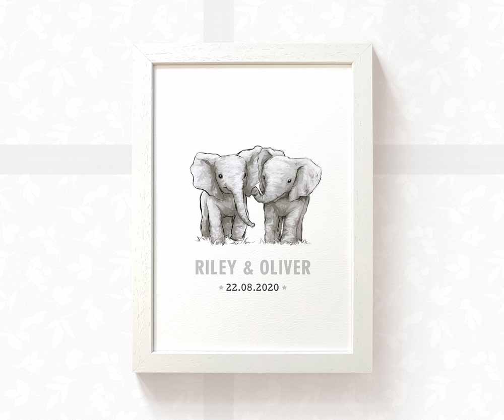 Elephant Personalised Baby Name Print for Twins