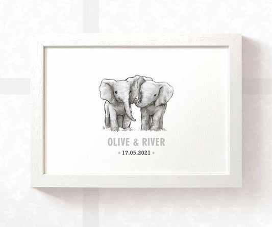 Elephant Personalised Baby Name Print for Twins