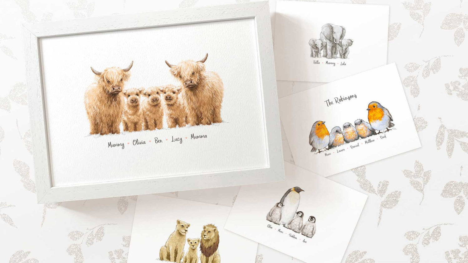 Personalised animal family portrait print with names – handmade Christmas gift wall art