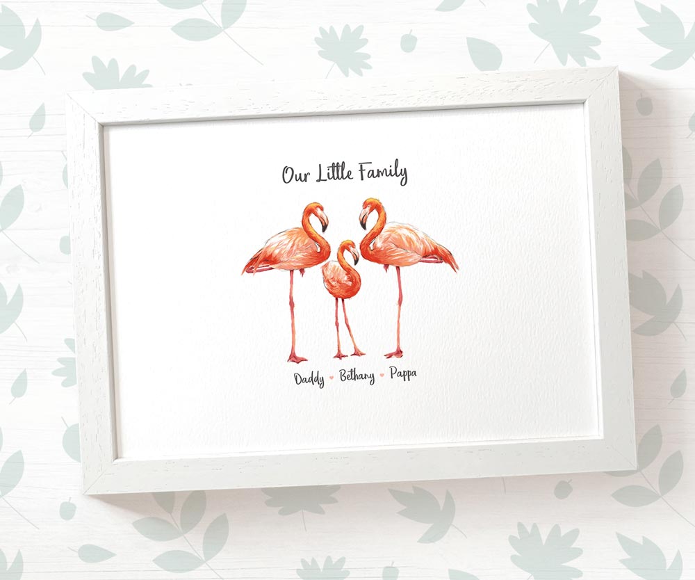 Family of flamingos A3 framed print personalised with names for a unique baby shower gift