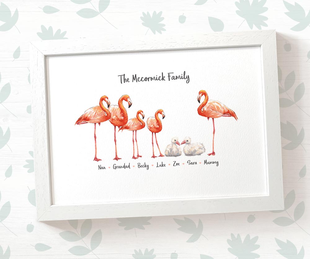 Flamingo family portrait personalised with names displayed in an A4 white wood frame for a thoughful gift for mum