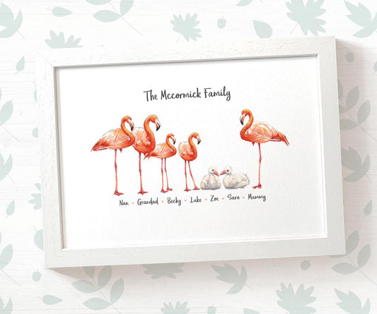 Flamingo family portrait personalised with names displayed in an A4 white wood frame for a thoughful gift for mum