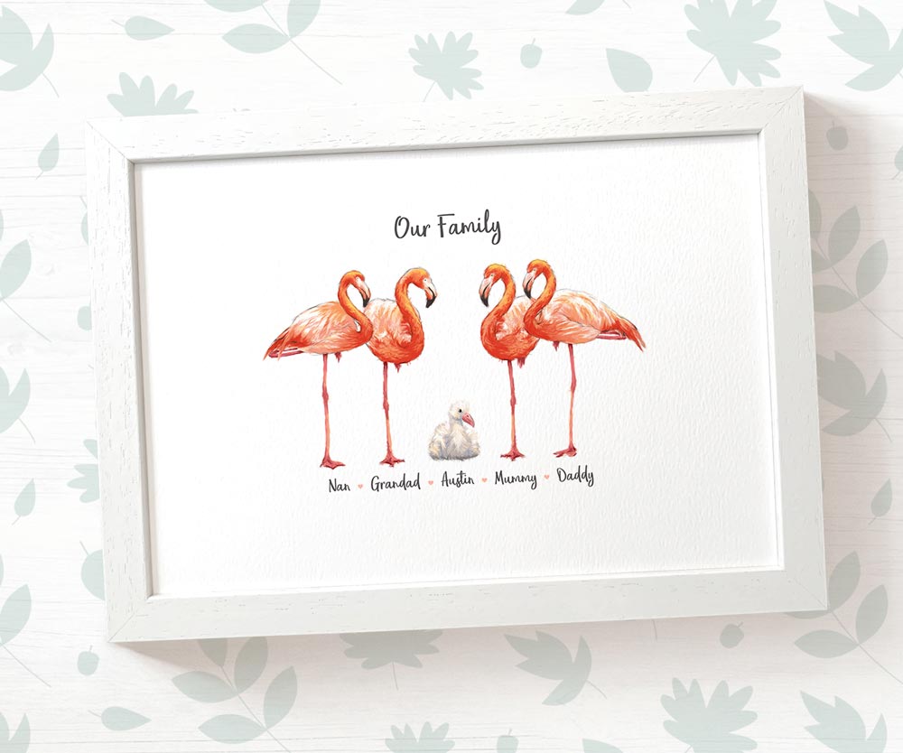White framed A4 flamingo family portrait with personalised names for the perfect birthday gift for mum