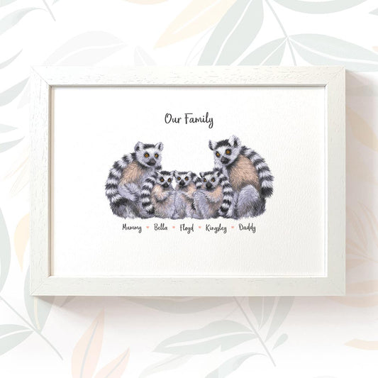 Framed print of a lemur family of 5 personalised with names for an animal themed mothers day gift