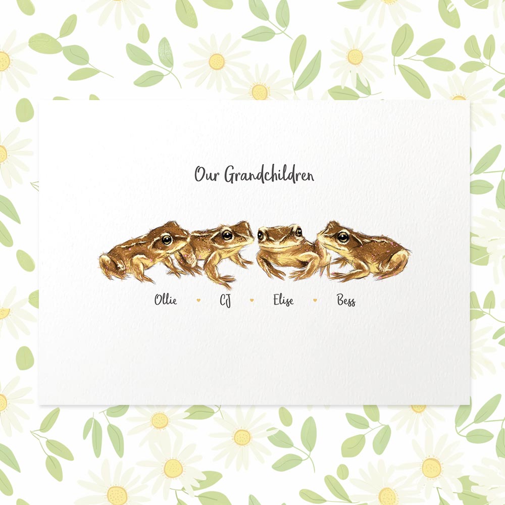 Four baby frogs A3 family print with names beneath for a unique baby shower gift