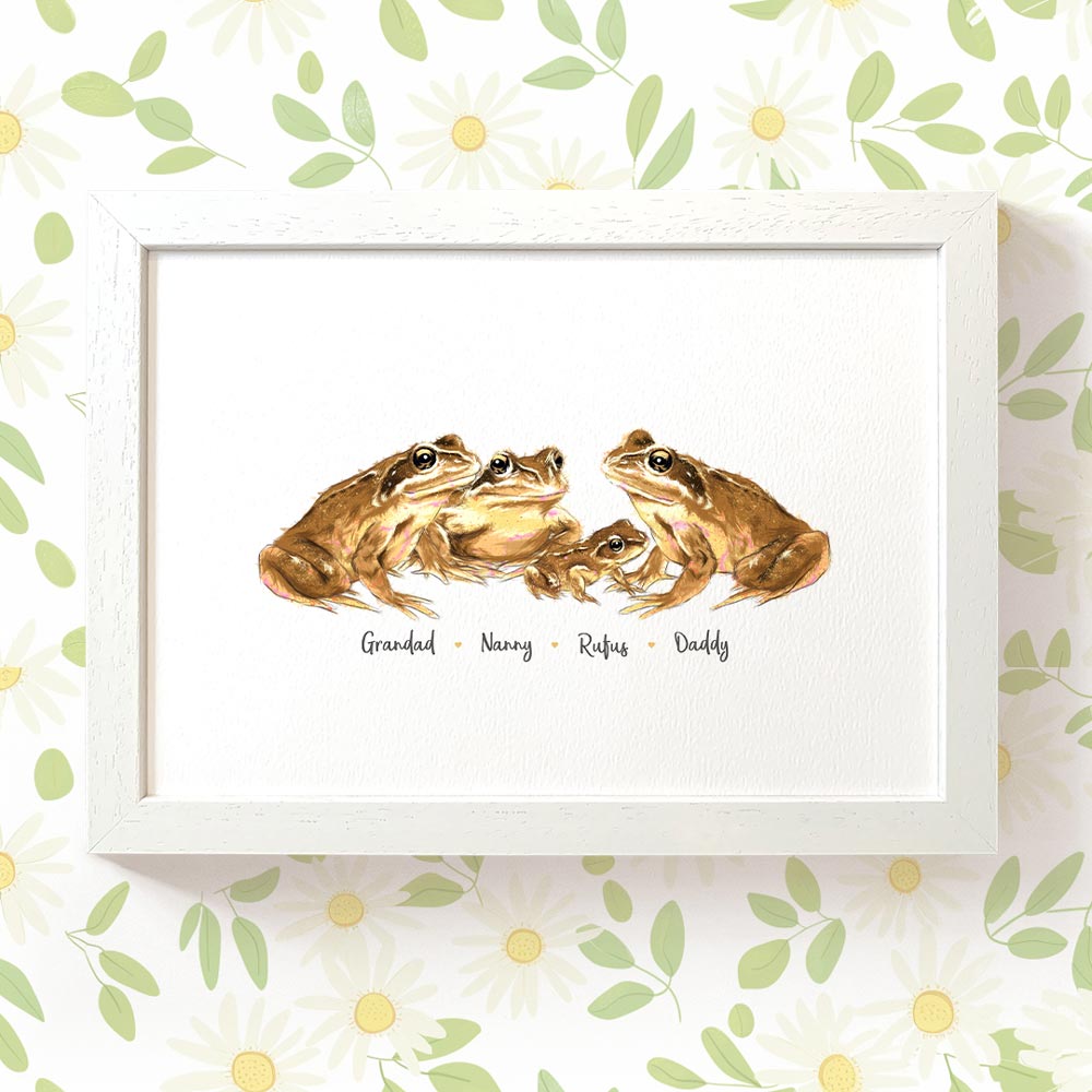 Personalised frog family print featuring dad and children with names for the best fathers day gift