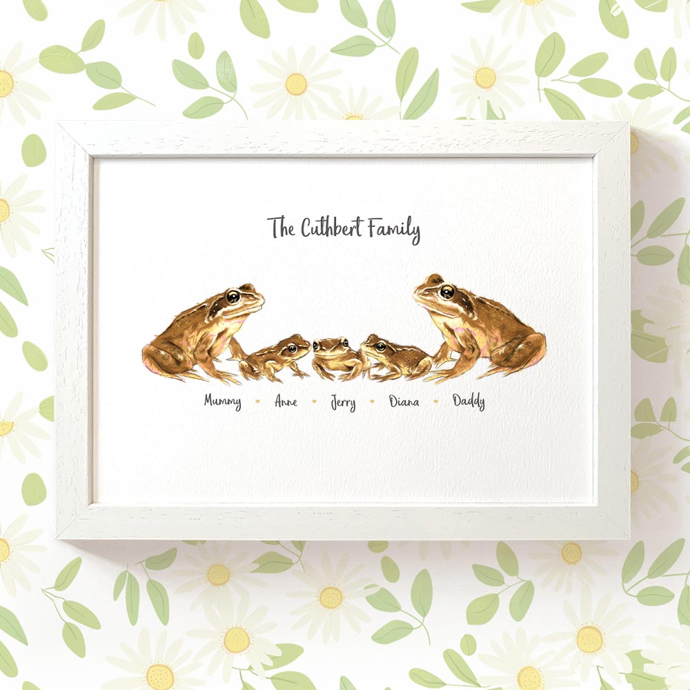 Frog family portrait personalised with names displayed in an A4 white wood frame for a thoughful gift for mum