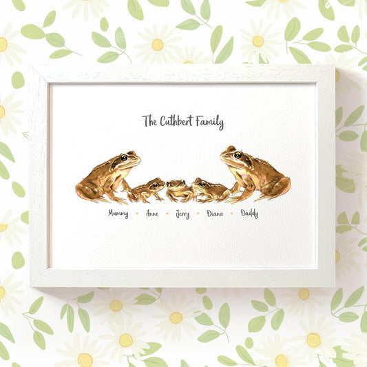 Frog family portrait personalised with names displayed in an A4 white wood frame for a thoughful gift for mum