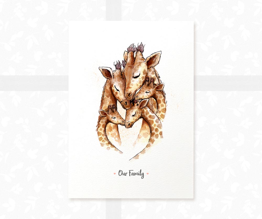 Giraffe family art print personalised with a message for a special mothers day present
