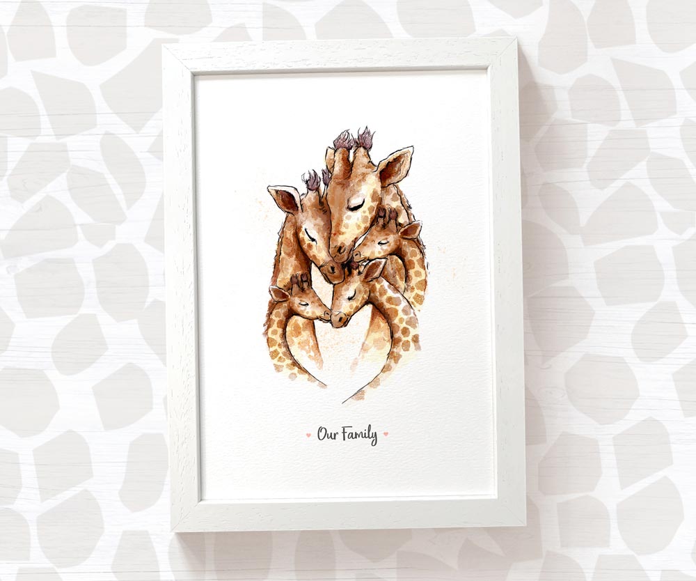 Giraffe family print personalised with message and displayed in an A4 white wood frame for a thoughful gift for mum