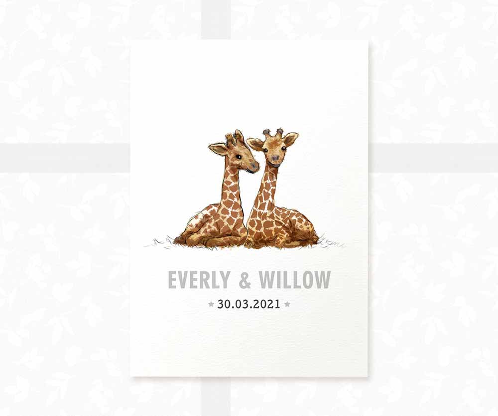 Giraffe Personalised Baby Name Print for Twins