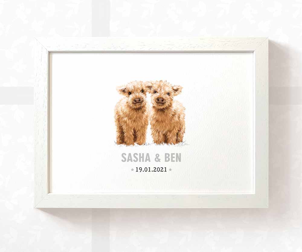 Highland Cow Personalised Baby Name Print for Twins