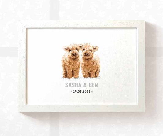 Highland Cow Personalised Baby Name Print for Twins