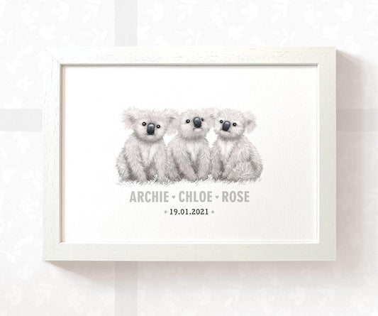 Koala Personalised Baby Name Print for Triplets