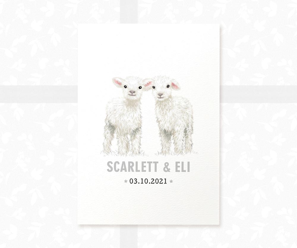 Lamb Personalised Baby Name Print for Twins
