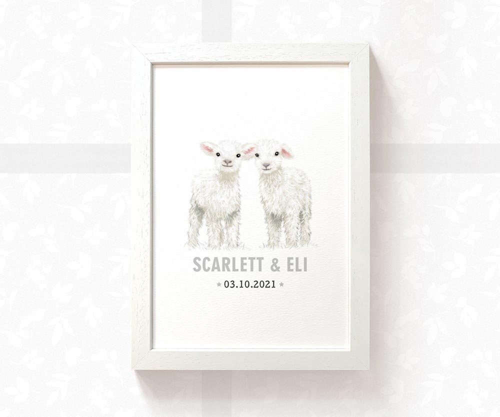 Lamb Personalised Baby Name Print for Twins