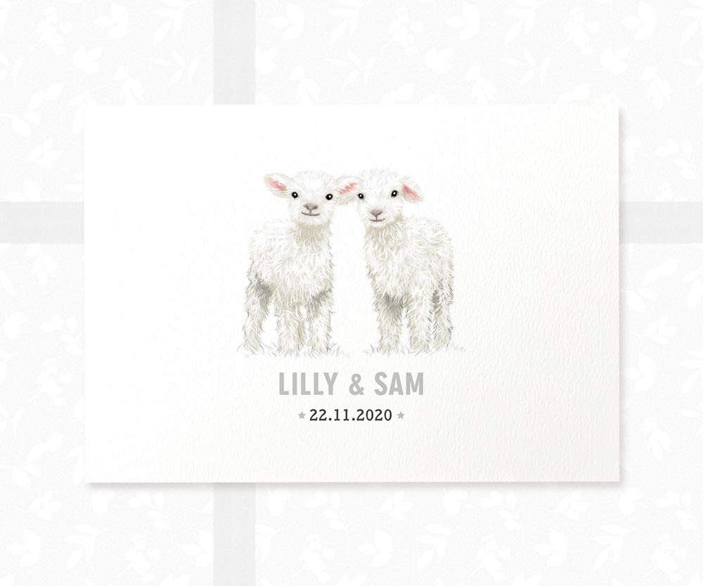 Lamb Personalised Baby Name Print for Twins