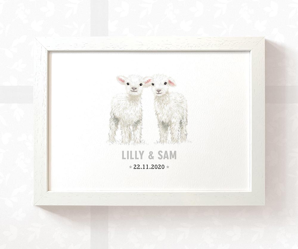 Lamb Personalised Baby Name Print for Twins
