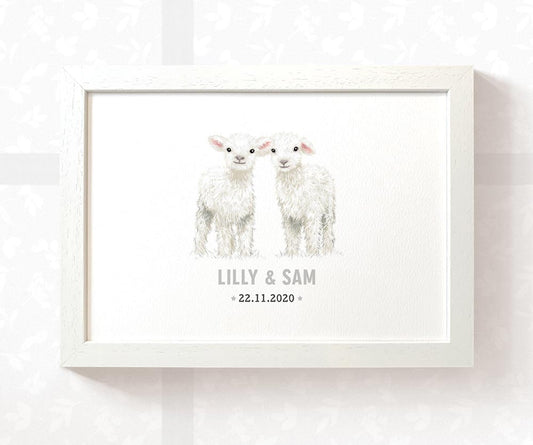 Lamb Personalised Baby Name Print for Twins