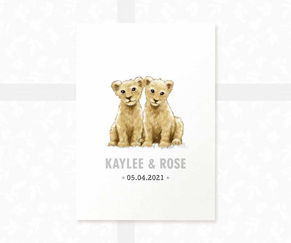 Lion Personalised Baby Name Print for Twins