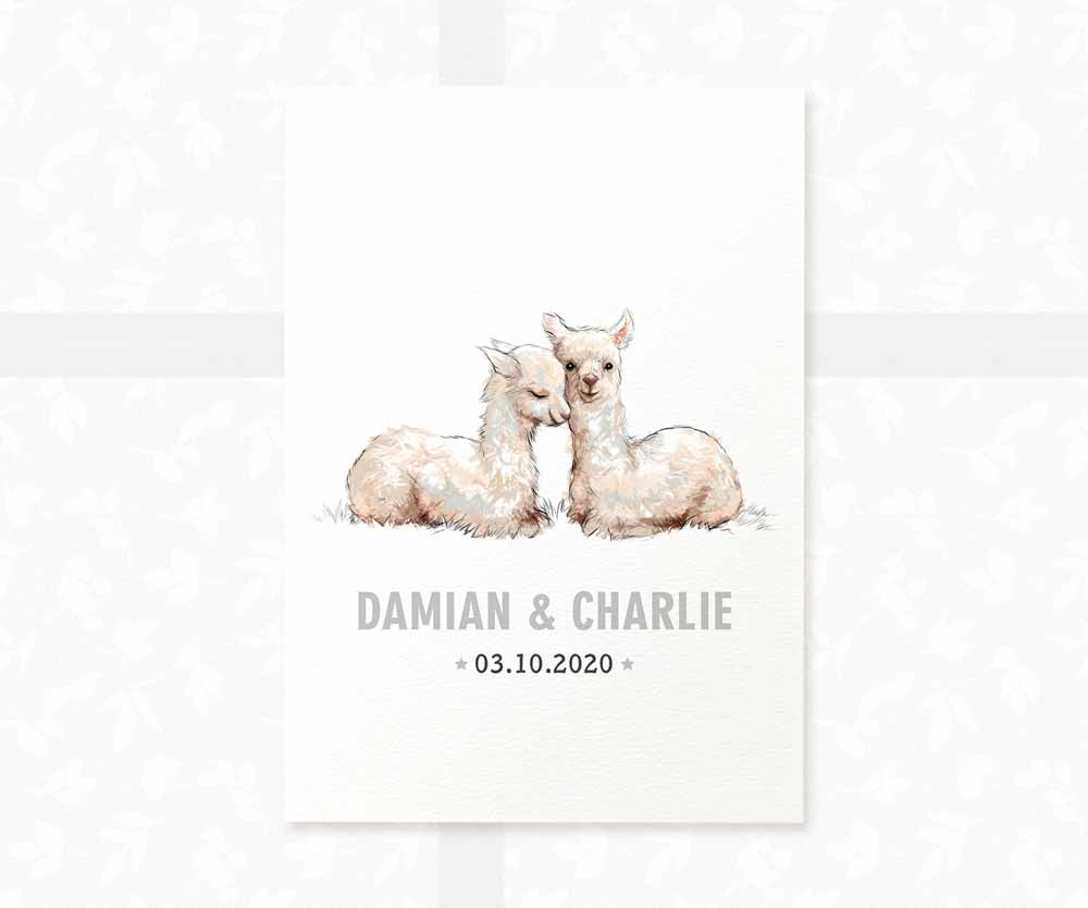 Llama Personalised Baby Name Print for Twins