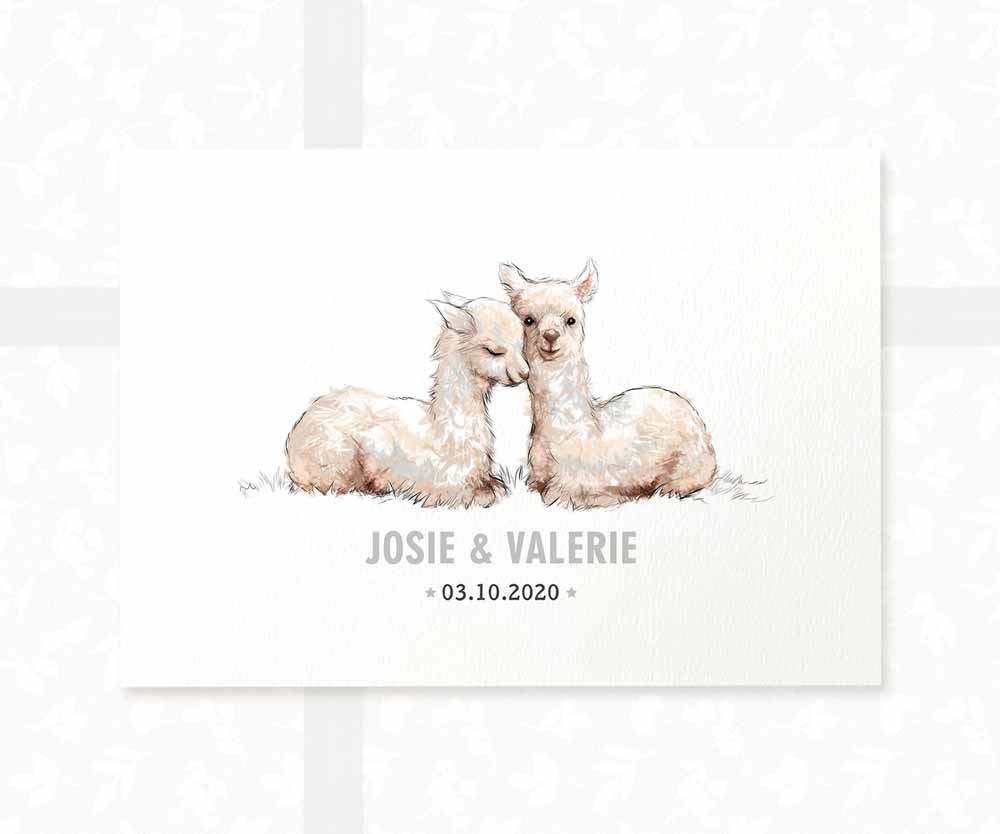 Llama Personalised Baby Name Print for Twins