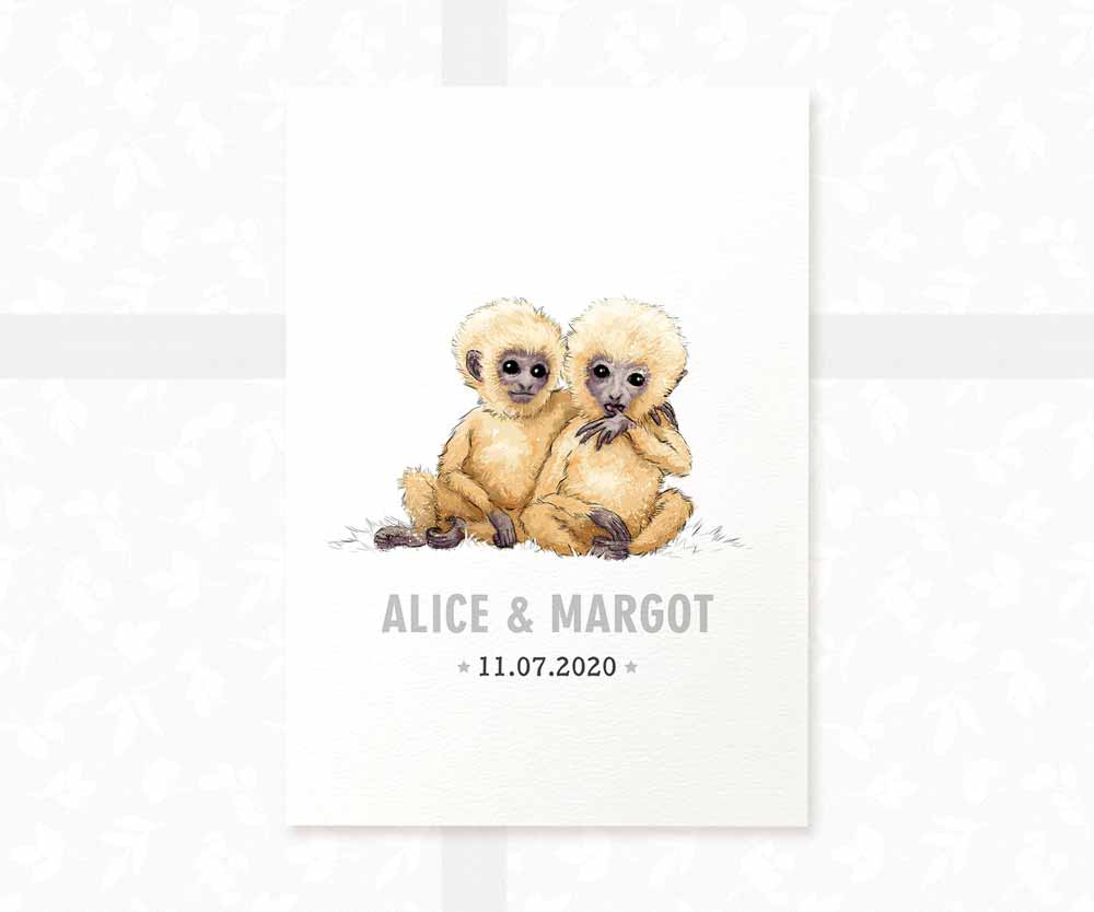Monkey Personalised Baby Name Print for Twins