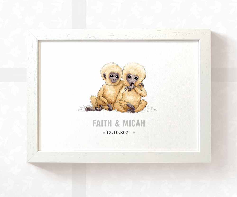 Monkey Personalised Baby Name Print for Twins