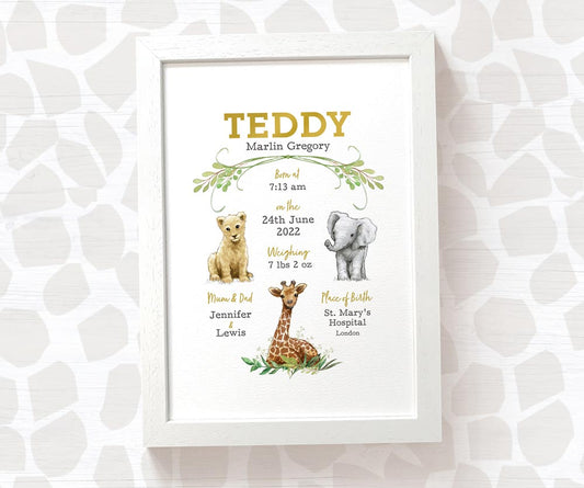 Safari Animals Baby Birth Record Print
