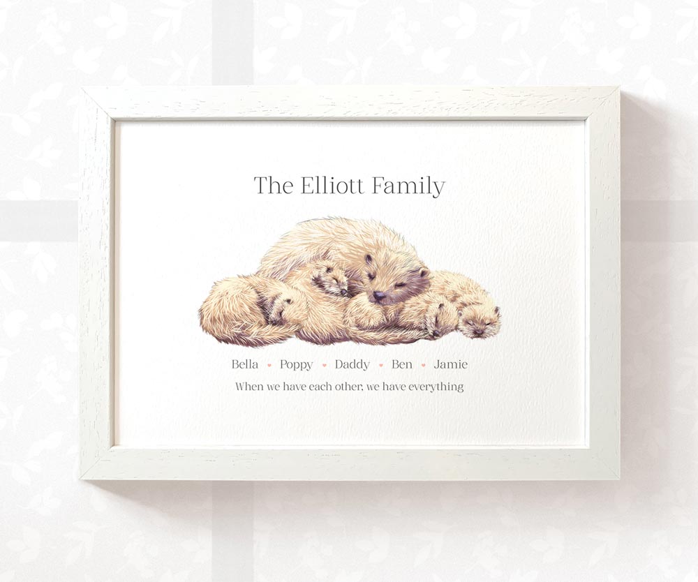 Framed illustration of a sleeping otter family personalised with names for a special fathers day present