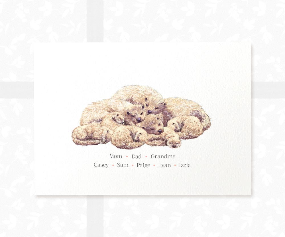 Printed A4 illustration of a sleeping otter family personalised with names for a special mothers day present