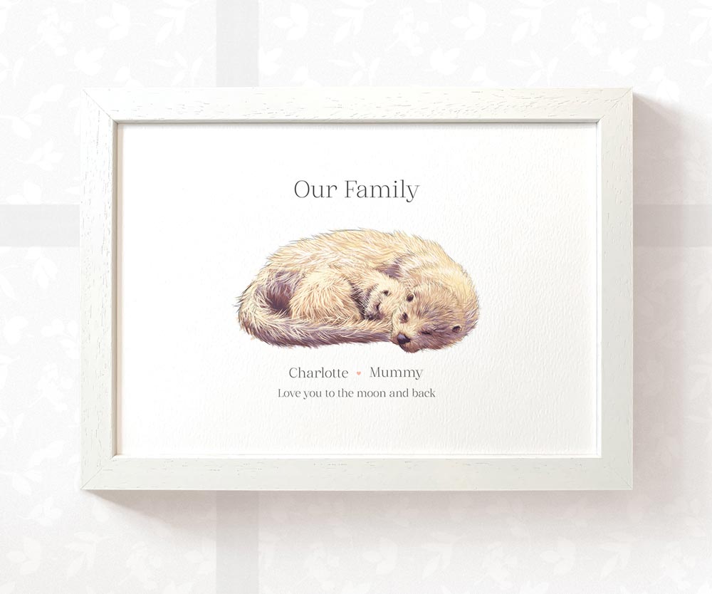 Framed A3 otter print featuring mum and baby with names for the best mothers day gift