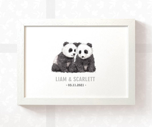 Panda Personalised Baby Name Print for Twins