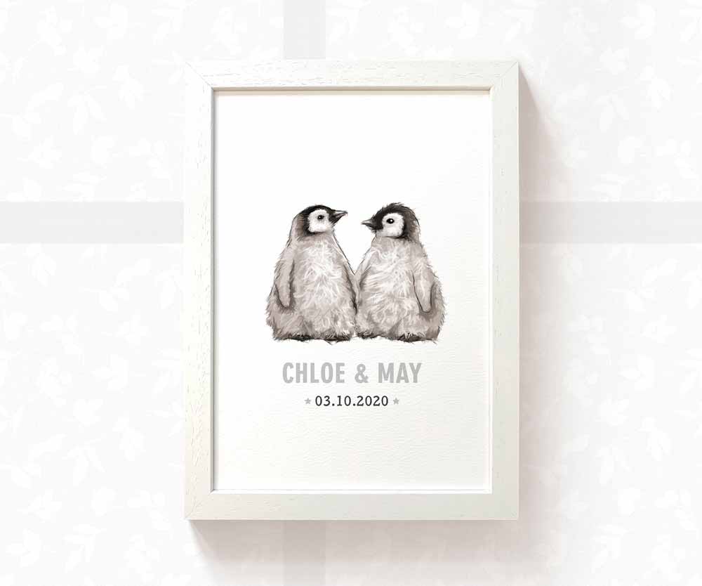 Penguin Personalised Baby Name Print for Twins